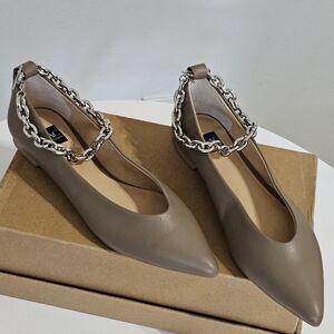 Zac Zac Posen Chain Ankle Flats Pointed Toe Nude Leather Ballet Minimalist Chic